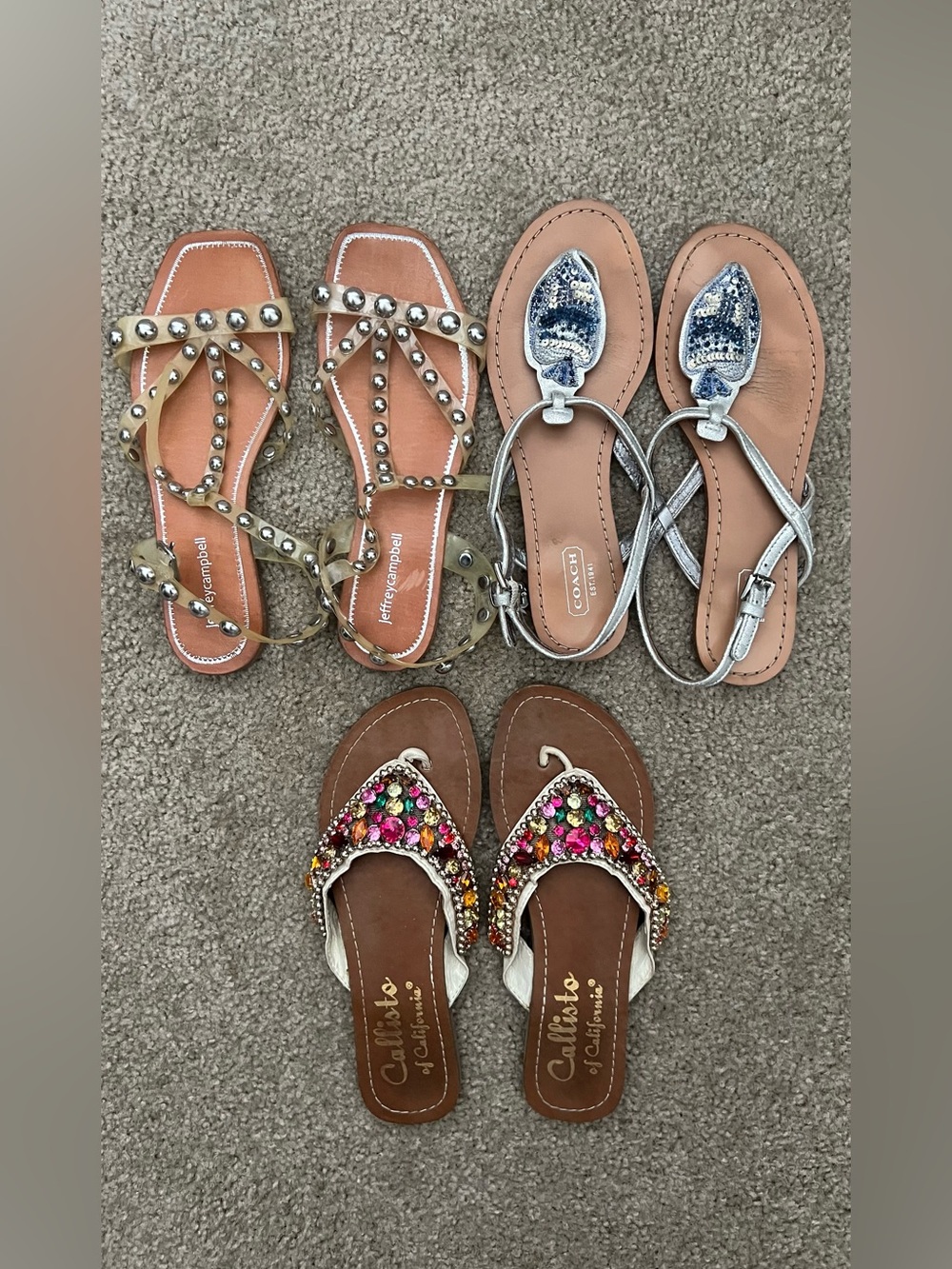 Preowned three pairs of sandals coach, Jeffrey Campbell and Callisto size 8